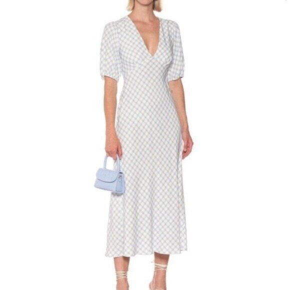 RIXO Steph Check Dress Open Tie Back Maxi Gingham Blue White Size Medium 8 - Picture 8 of 11